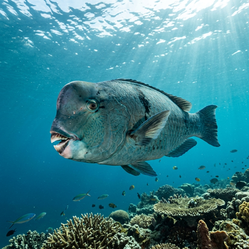 Bumphead Parrotfish with a distinctive green-blue body and prominent bony forehead hump swimming over a coral reef.