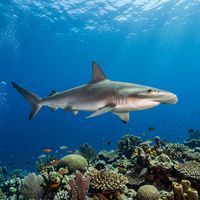 Bonnethead shark with a rounded, shovel-shaped cephalofoil swimming over a sandy reef bottom in clear blue water.