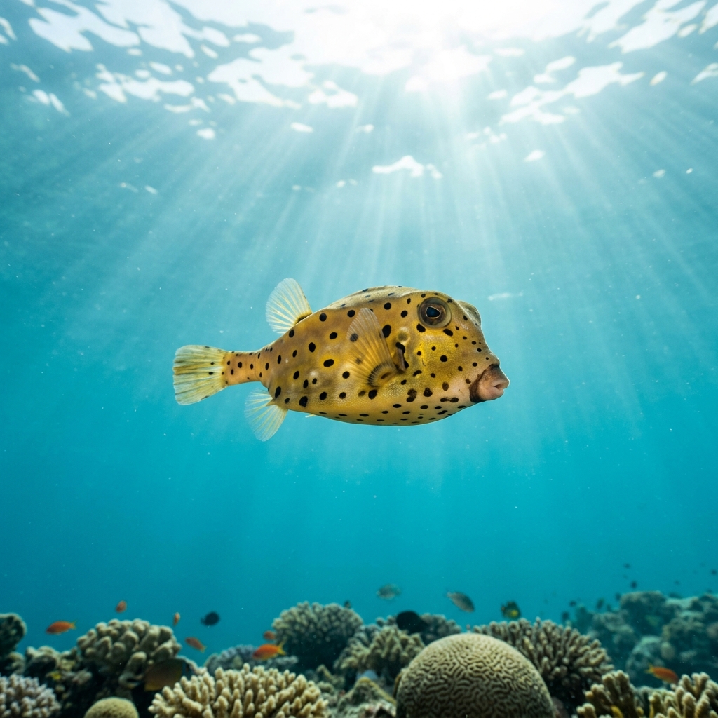 Boxfish (Ostraciidae spp.) swimming in its natural underwater habitat