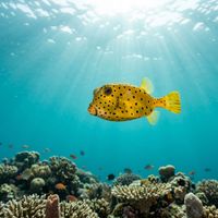 Boxfish with a rigid angular body, pale yellow colouration and dark spots hovering close to a coral reef.