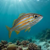 Small silvery Smallmouth Grunt with a yellow stripe hovering over a Caribbean coral reef.