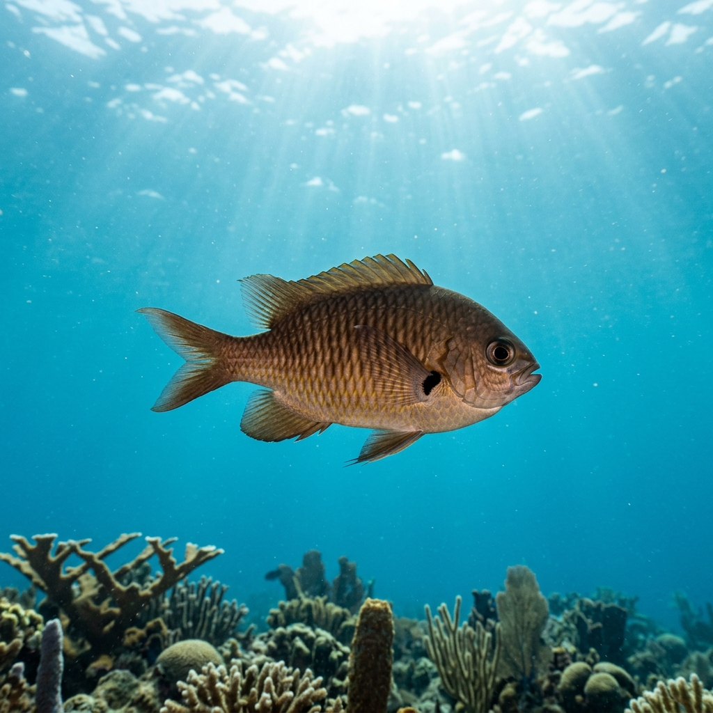 Brown Chromis (Chromis multilineata) swimming in its natural underwater habitat