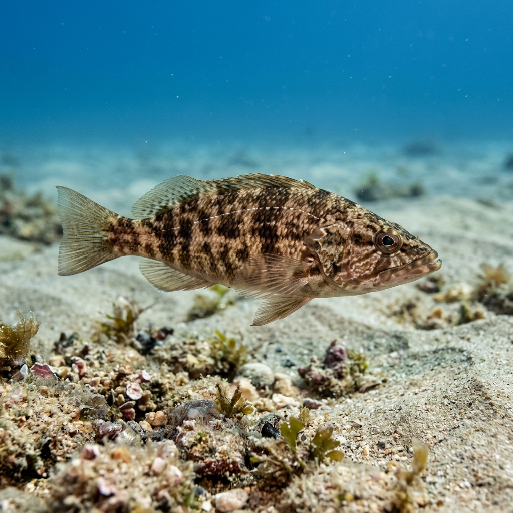Brown Comber (Serranus hepatus) swimming in its natural underwater habitat
