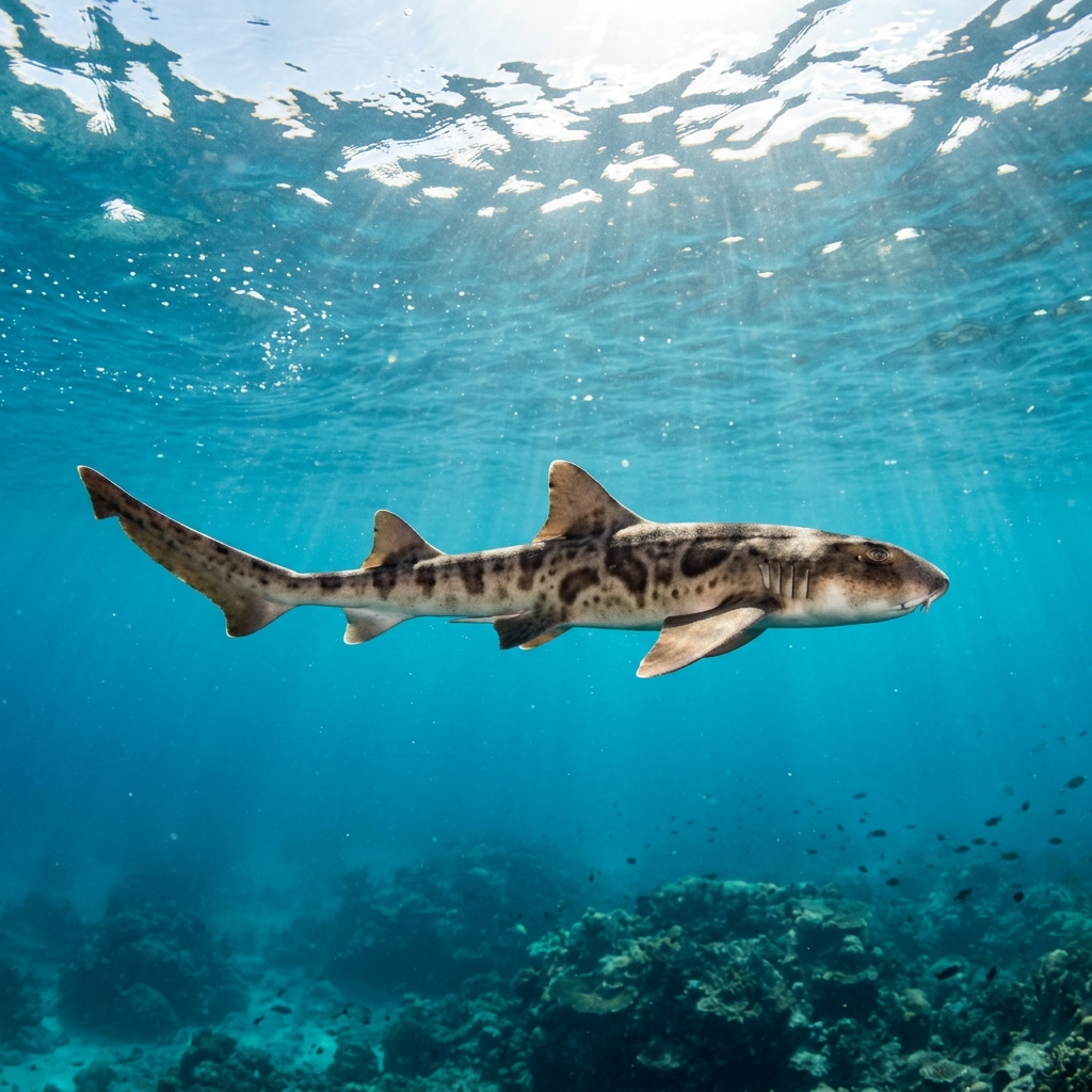 Brownbanded bamboo shark with pale brown banding and dark spots resting on a shallow tropical coral reef.