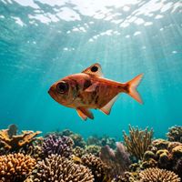 Bullseye fish forming a dense silver-bronze school inside a dark reef cave, their large eyes and rounded bodies catching ambient light.