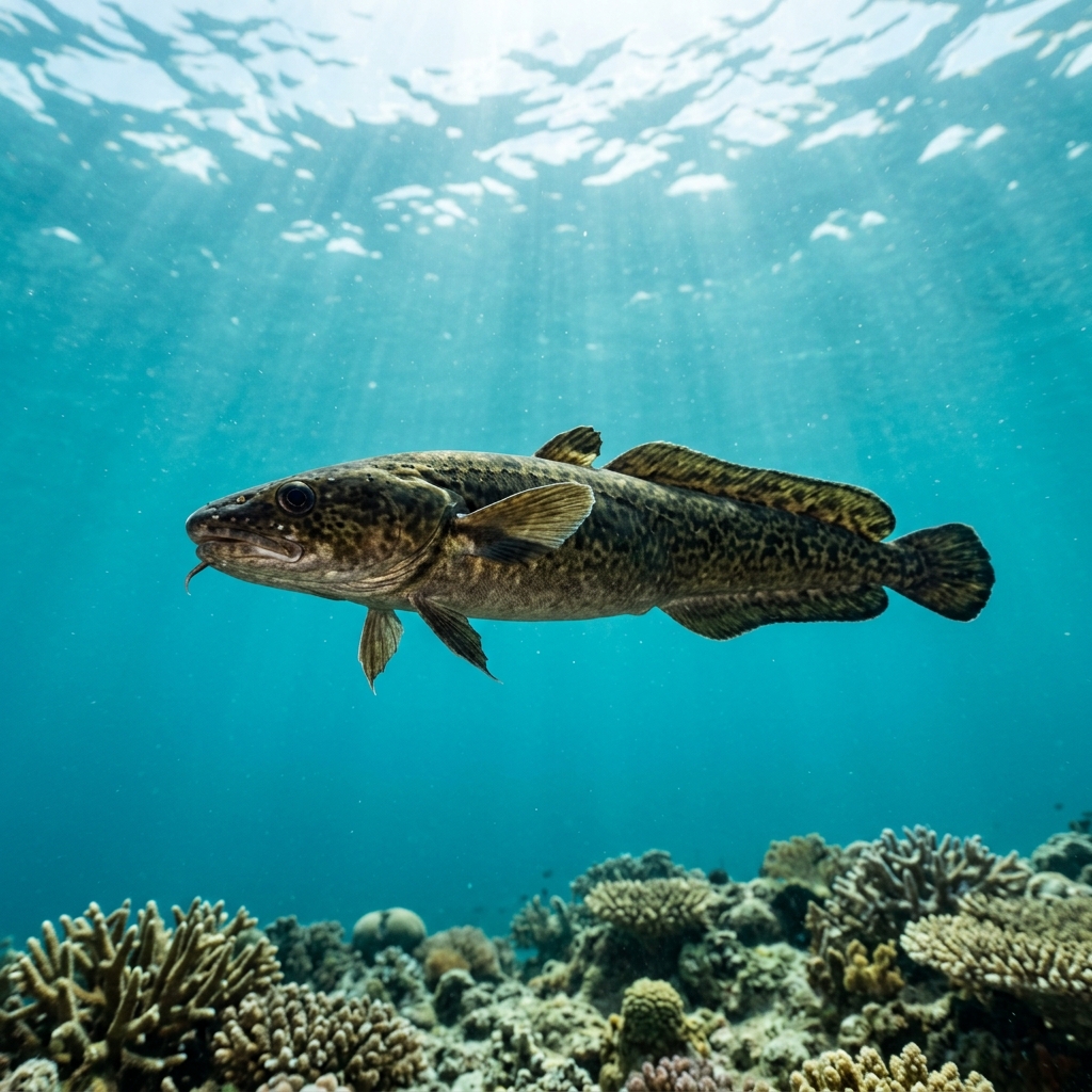 Burbot (Lotidae spp.) swimming in its natural underwater habitat