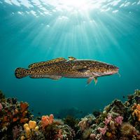 Burbot, a slender elongated freshwater fish with mottled brown and olive patterning, resting on a sandy lake bottom.