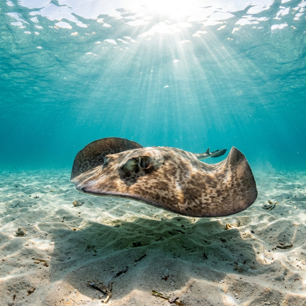 Butterfly Ray (Gymnuridae spp.) gliding over the seafloor