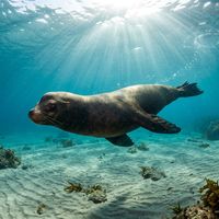 California sea lion with sleek brown body and whiskered face swimming through blue open water near a rocky reef.