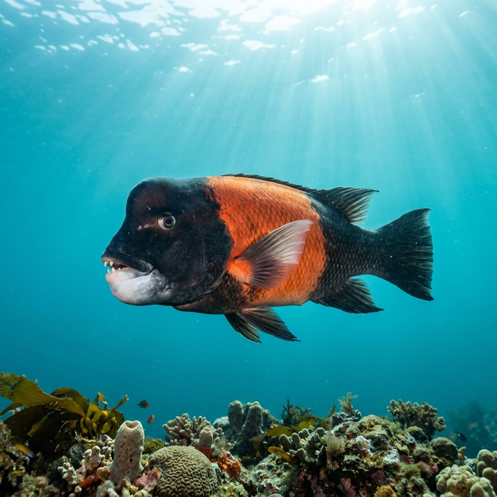 California Sheephead (Semicossyphus pulcher) swimming in its natural underwater habitat