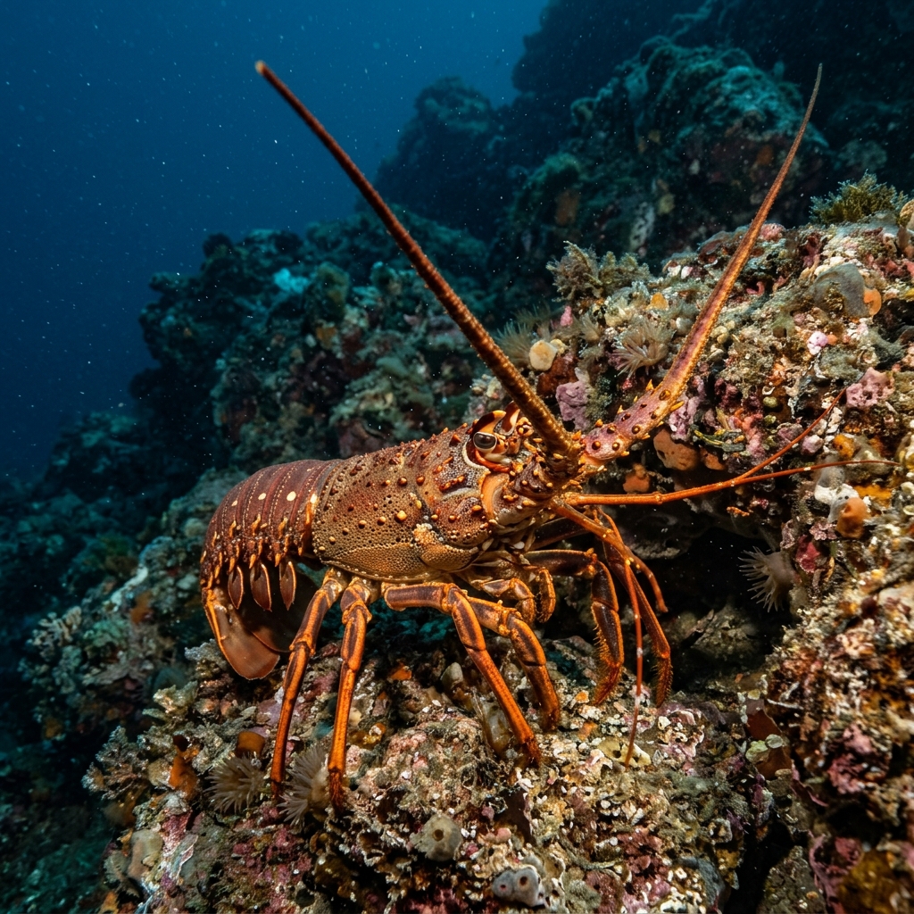 California Spiny Lobster (Panulirus interruptus) on a coral reef
