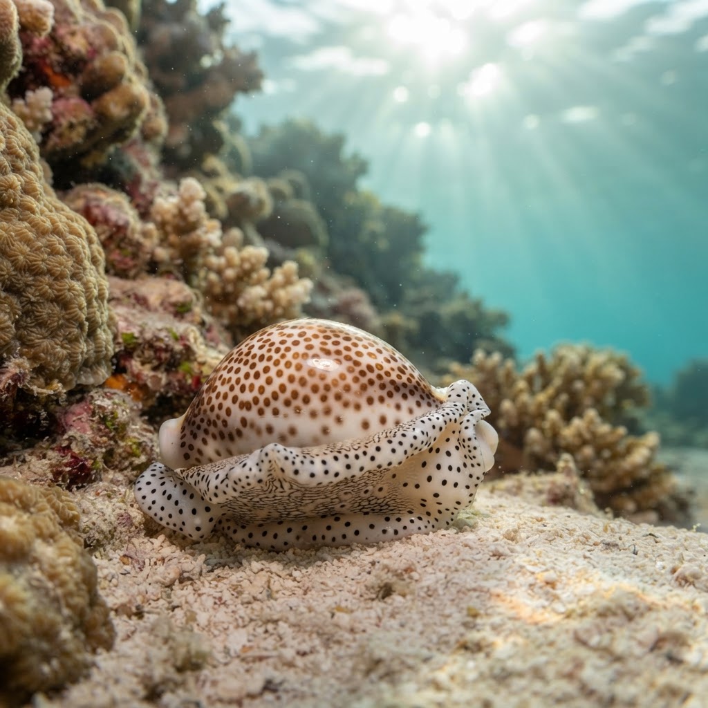Warty egg cowrie with a glossy white shell and black-ringed warts perched on a soft coral branch.