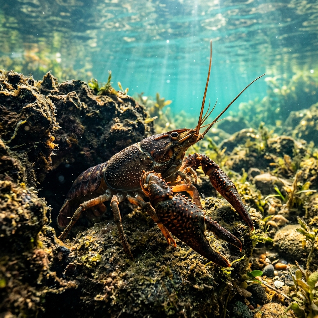 Big Water Crayfish clinging to a rocky freshwater substrate, showing its robust brown-olive body and large claws.