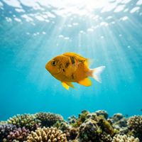 Canary Damsel, a small vivid yellow fish with an oval body, swimming close to a rocky Atlantic reef.