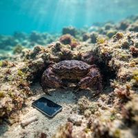 Adult cancer crab with a broad hairy-edged brownish shell resting on a rocky, cold-water reef bottom.
