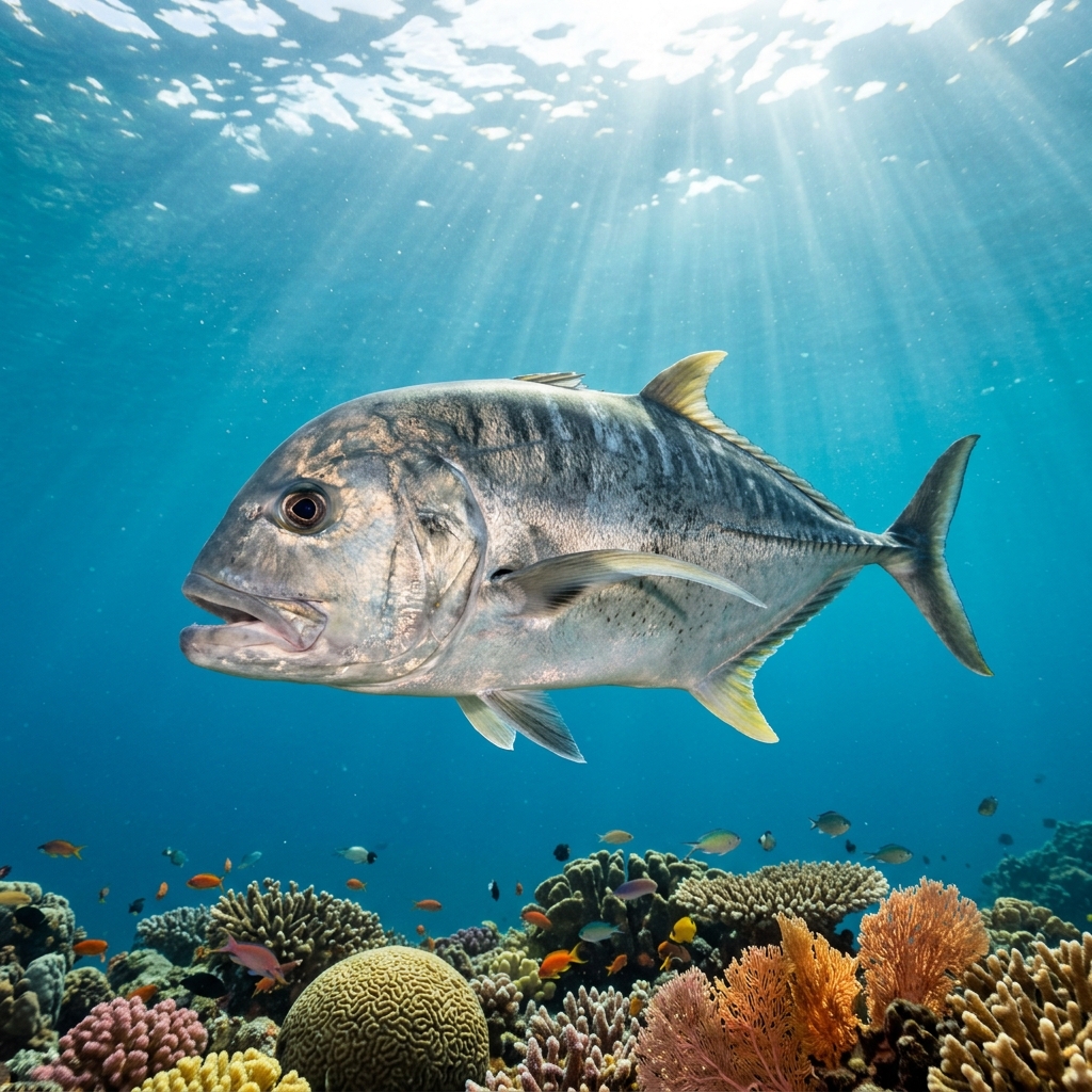 Giant Trevally, a large silver fish with a steep forehead and forked tail, cruising over a coral reef in blue water.