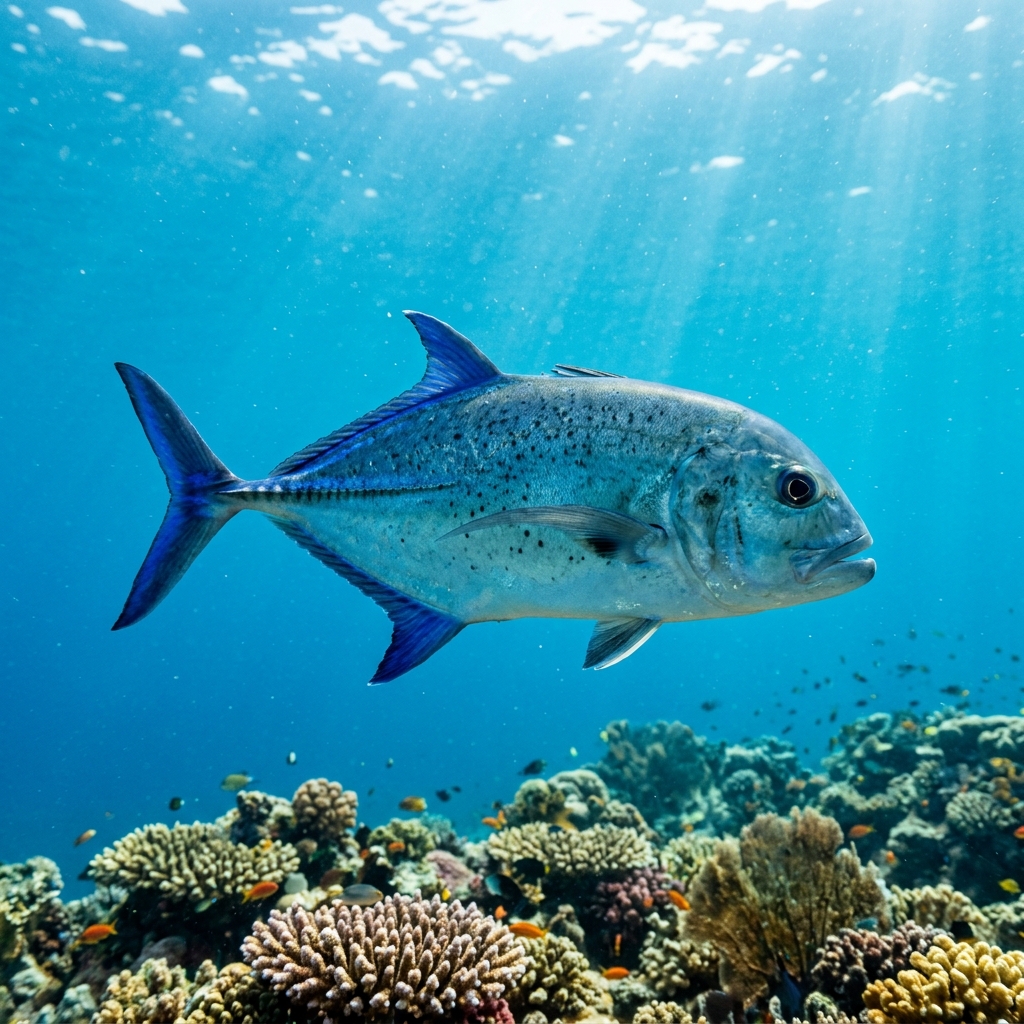 Bluefin Trevally with metallic blue-spotted flanks and vivid blue fins swimming over a coral reef in clear blue water.