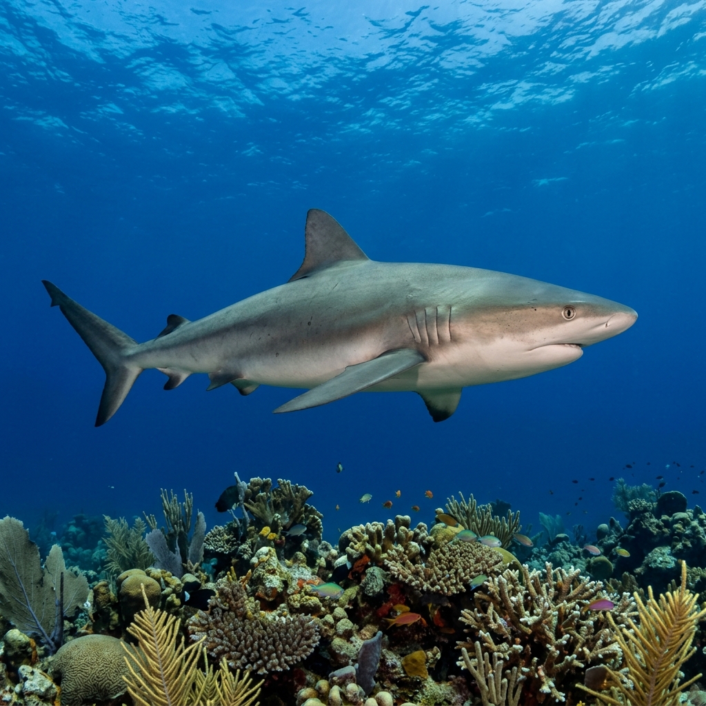 Caribbean Reef Shark (Carcharhinus perezii) cruising through the ocean