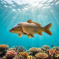 Carp with deep bronze-gold flanks and large rounded scales moving through murky freshwater over a sandy lakebed.