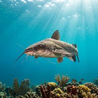 Catfish with flattened head, long sensory barbels, and mottled brown body resting on a sandy freshwater lakebed.