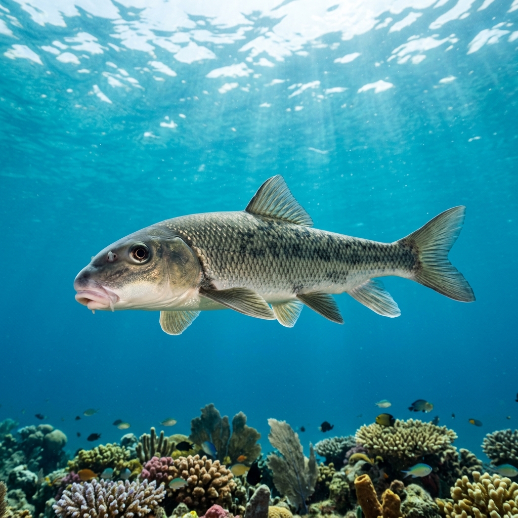 White sucker fish with a pale grey-brown body and subterminal mouth resting near a rocky freshwater lakebed.