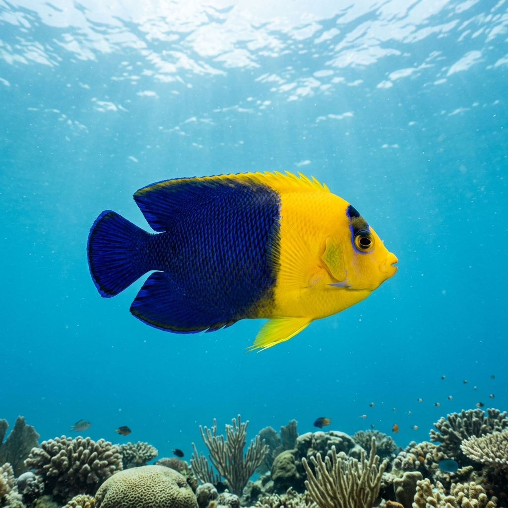 Bicolor angelfish with bright yellow front half and deep blue rear half swimming close to a coral reef.