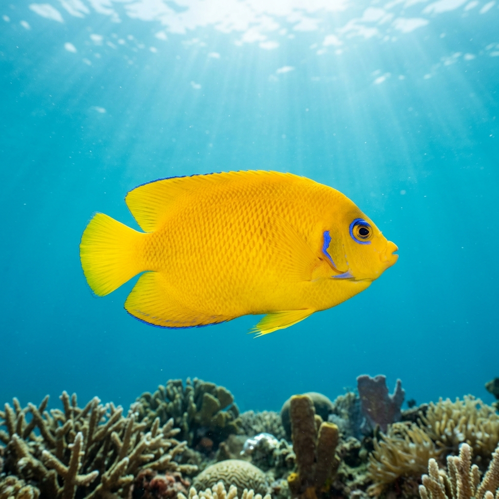 Lemonpeel angelfish with bright all-yellow body and vivid blue eye ring swimming close to a coral reef.