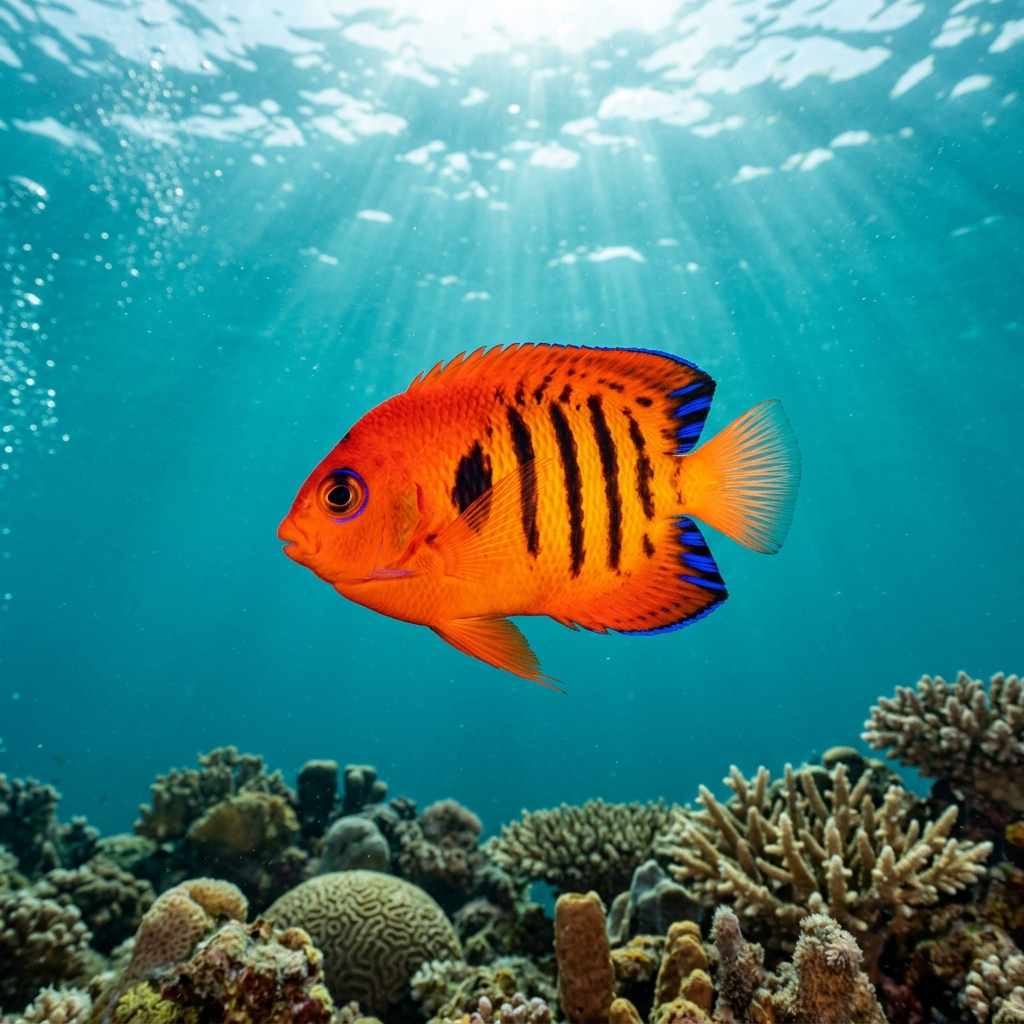 Flame angelfish showing vivid orange-red body with vertical black bars and violet-tipped dorsal fin, hovering close to a coral reef.