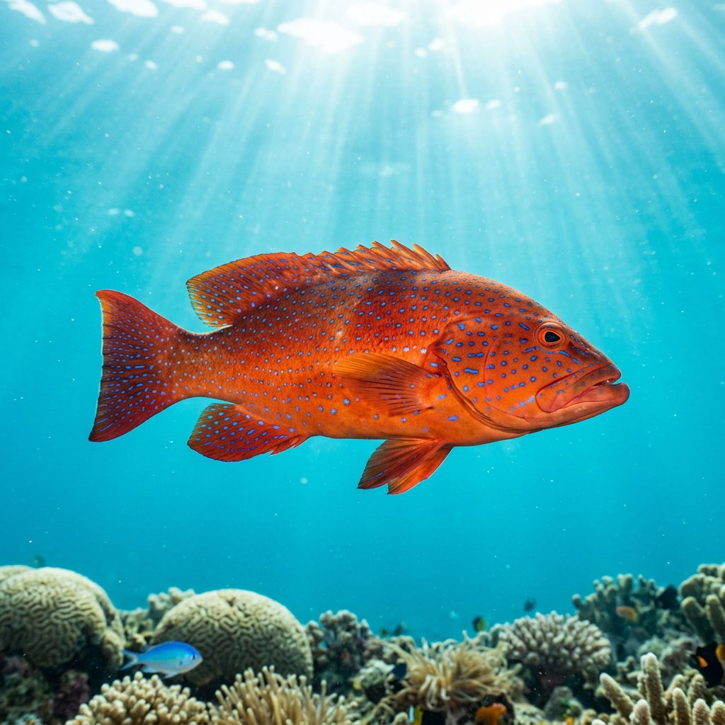 Coral grouper with bright orange-red body covered in small blue spots resting near a coral reef.