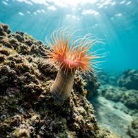 Cerianthus tube anemone with long, feathery tentacles extended from a soft sediment burrow in cool, dim water.