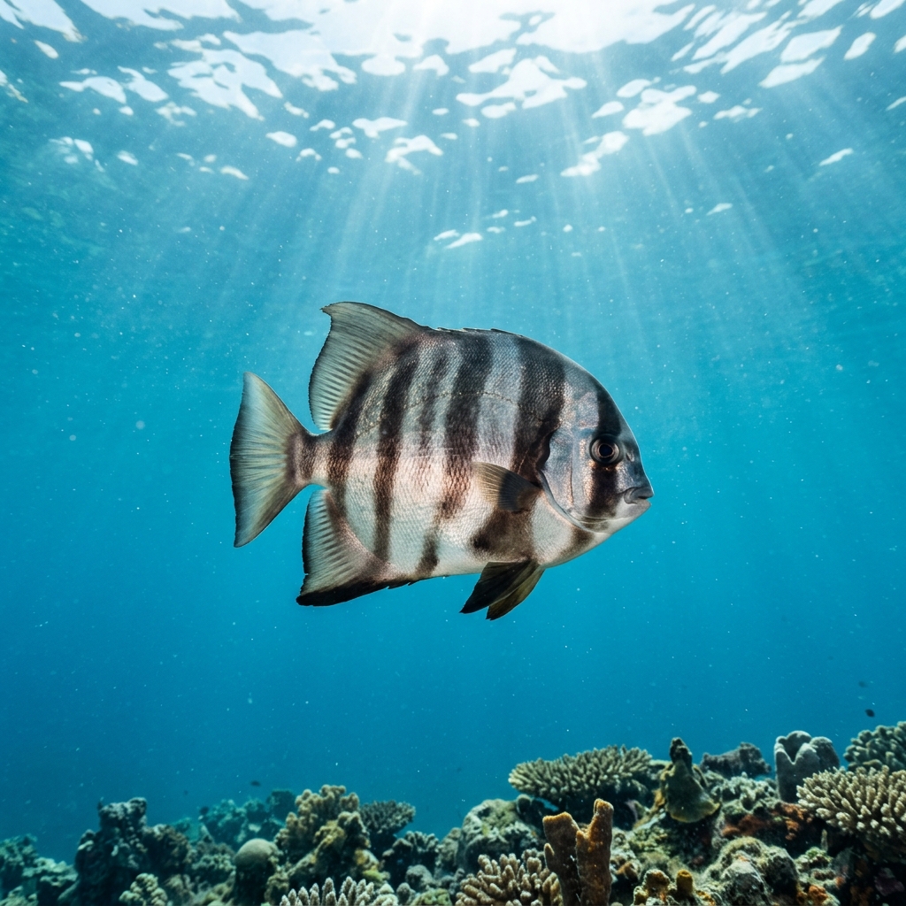Atlantic Spadefish with silvery body and bold vertical black bands swimming near a reef.