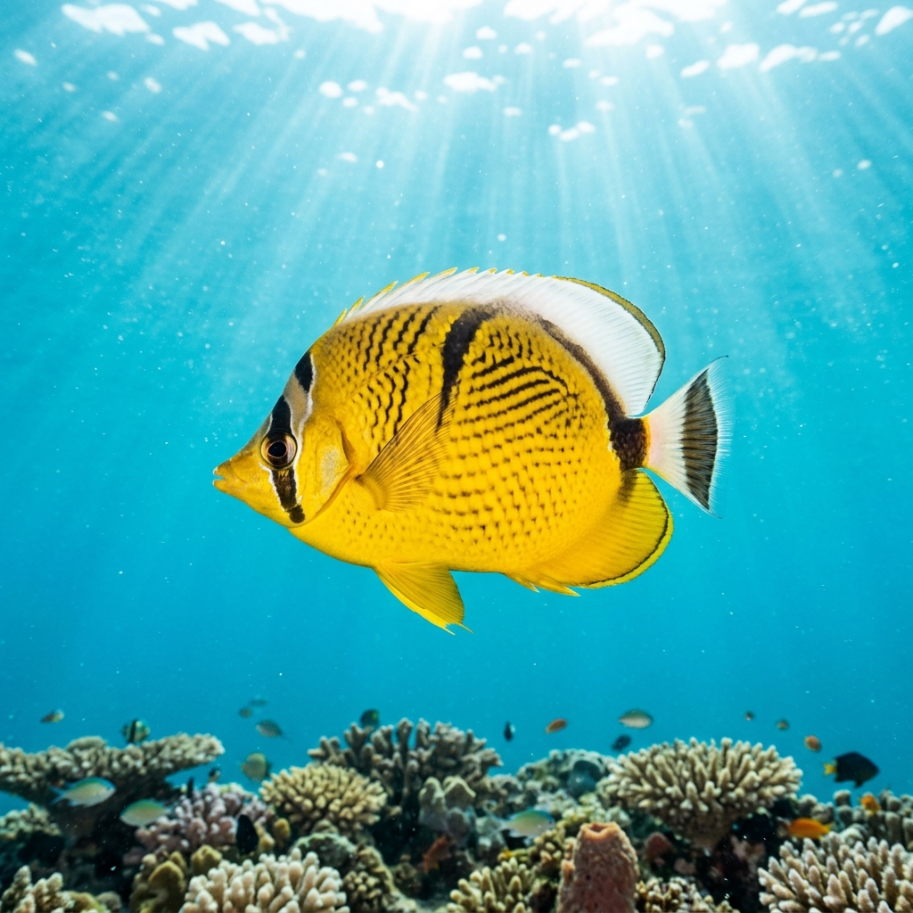 Golden Butterflyfish with yellow body, dark eye band, and black-edged rear fins swimming near a coral reef.