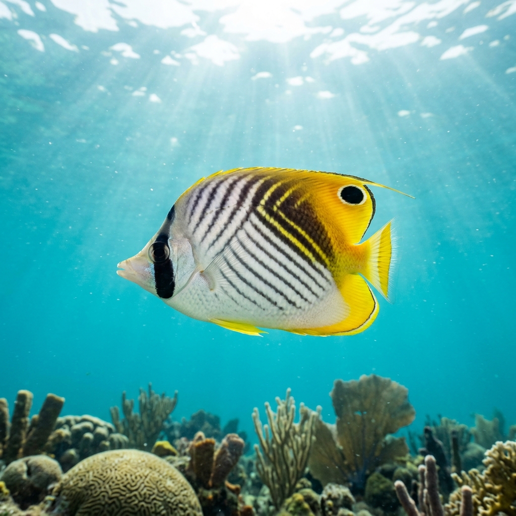 Foureye butterflyfish with pale yellow-white body, bold black eyespot near the tail, and dark eye-stripe swimming over a Caribbean coral reef.