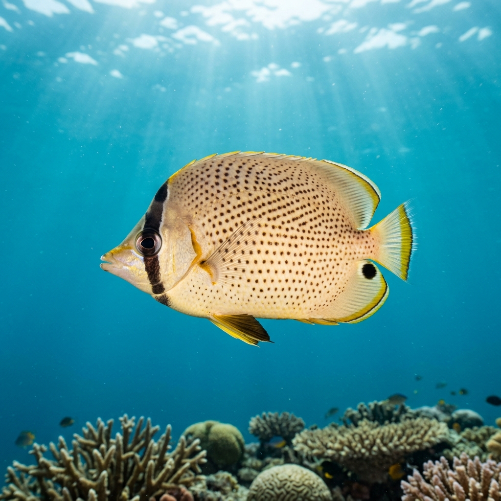 Speckled Butterflyfish with pale yellow body covered in dark speckles and a black eye stripe swimming over a coral reef.