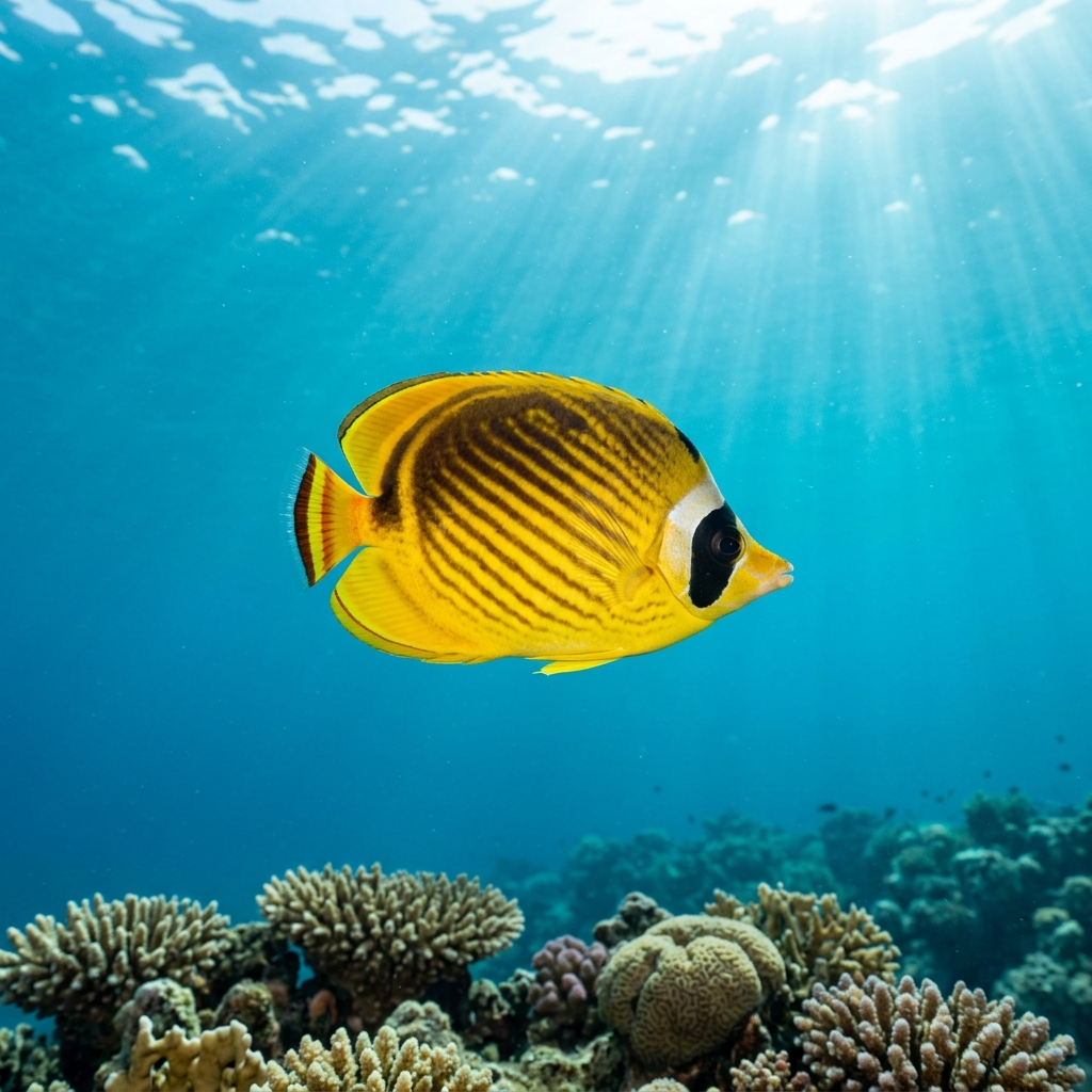 Diagonal Butterflyfish with yellow body, bold diagonal black stripes and white face patch swimming over a coral reef.