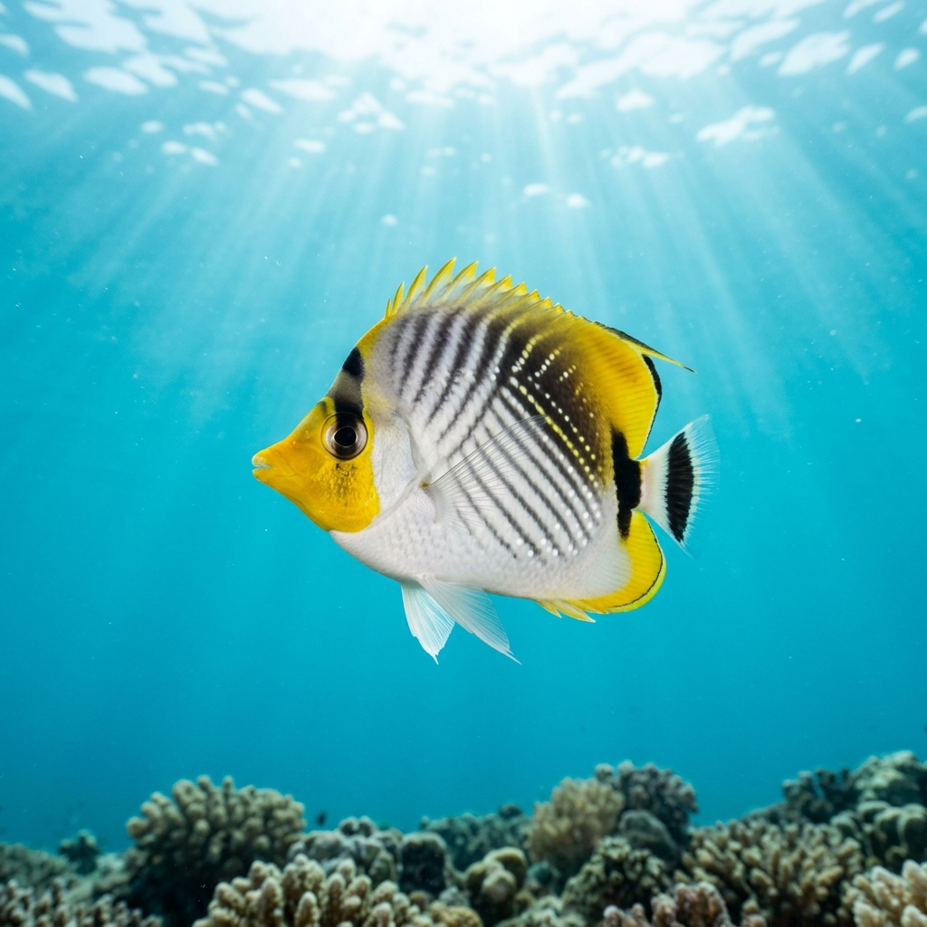 Blackback Butterflyfish with white body, black saddle on the back and yellow fins swimming above a coral reef.