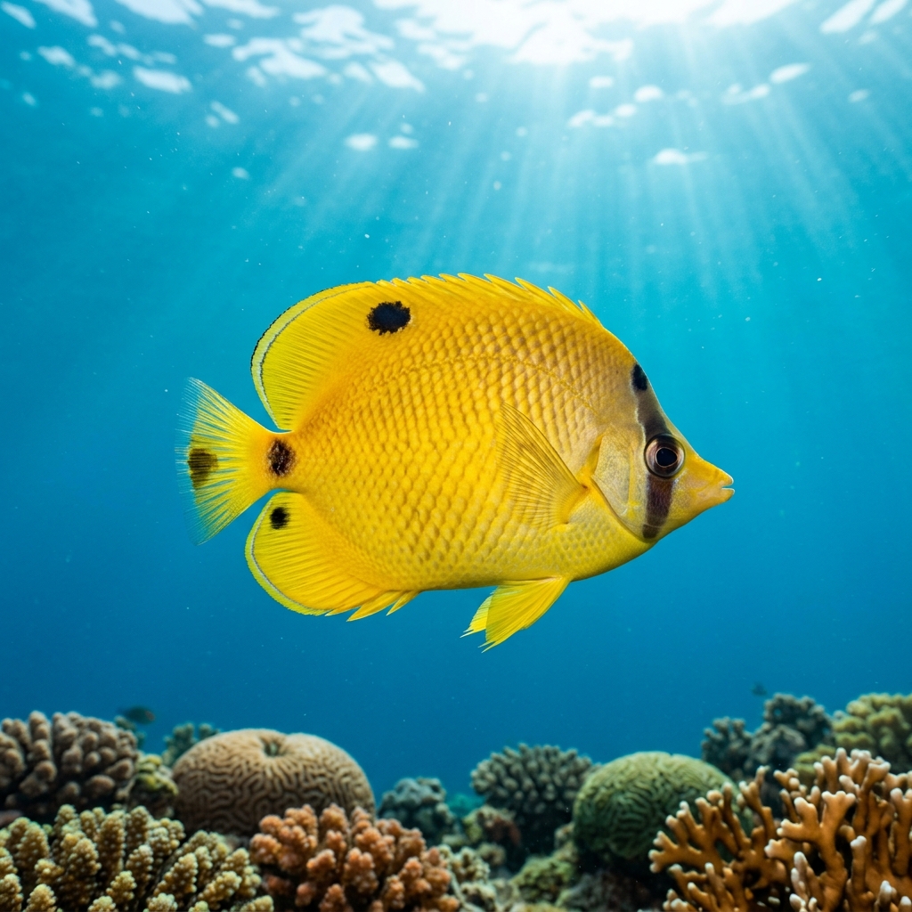 Spotfin Butterflyfish with white body, yellow fins, and a black eyespot on the rear dorsal fin swimming over a coral reef.