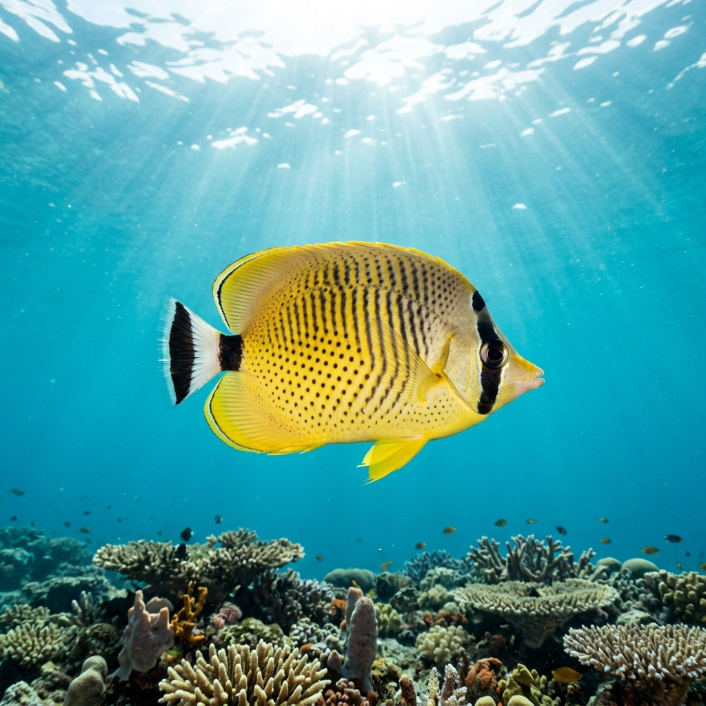 Dot And Dash Butterflyfish with pale yellow body, dark dot-and-dash stripe pattern and black eye band swimming over a coral reef.