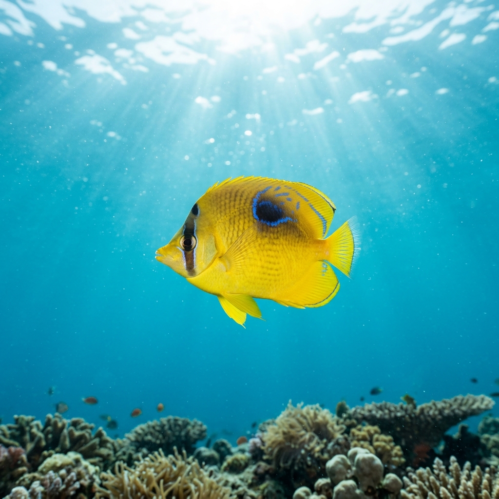 Blueblotched Butterflyfish with a vivid blue oval patch on its yellow body swimming over a shallow coral reef.