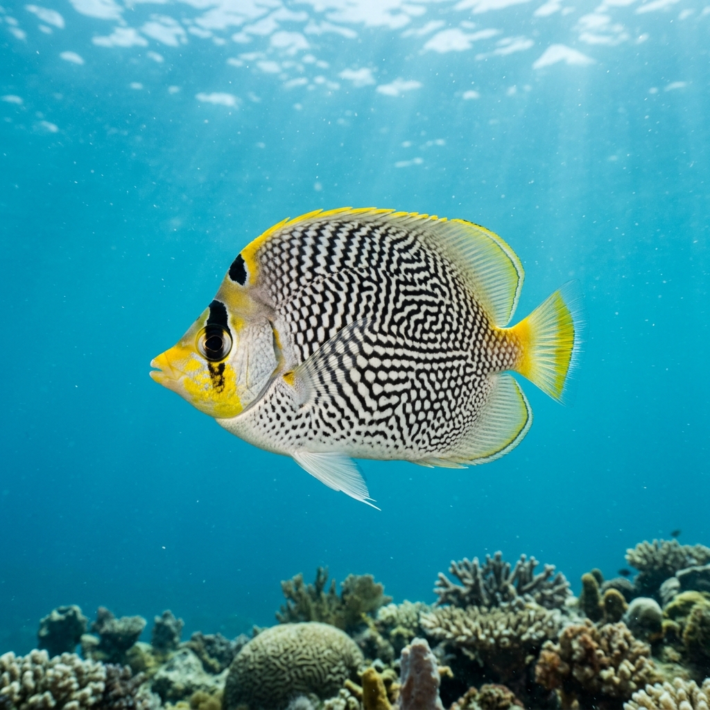 Reticulated butterflyfish with dark-edged white scales forming a net pattern, yellow tail, and black eye bar, hovering near a coral reef.