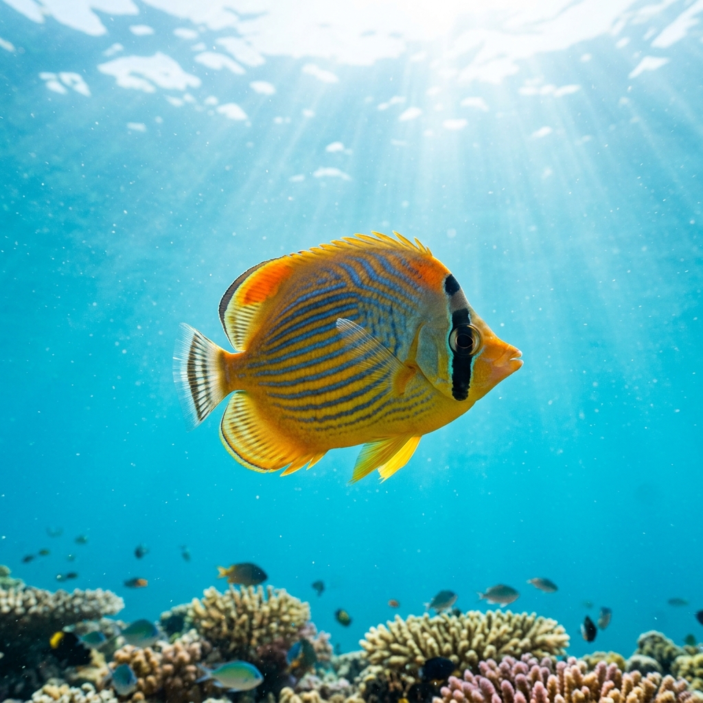 Melon Butterflyfish with bold orange and black chevron bands on a white body, swimming over a coral reef.