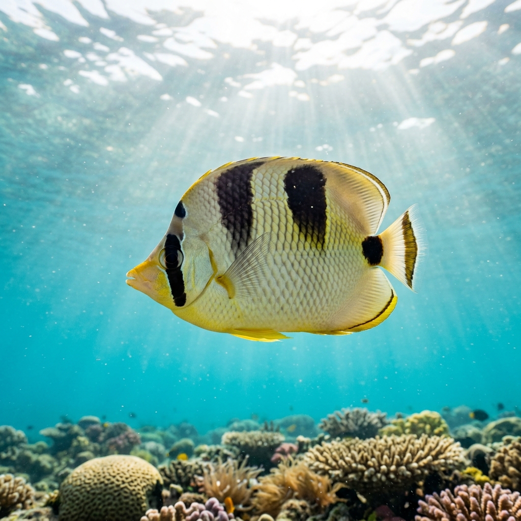 Pacific Doublesaddle Butterflyfish with white body, two dark saddle patches and yellow tail swimming over a coral reef.