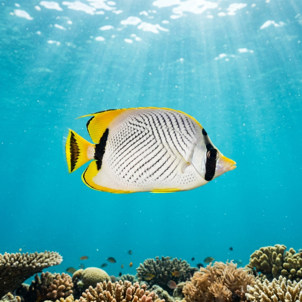 Vagabond Butterflyfish with white body, diagonal black lines and yellow-edged tail swimming over a shallow coral reef.
