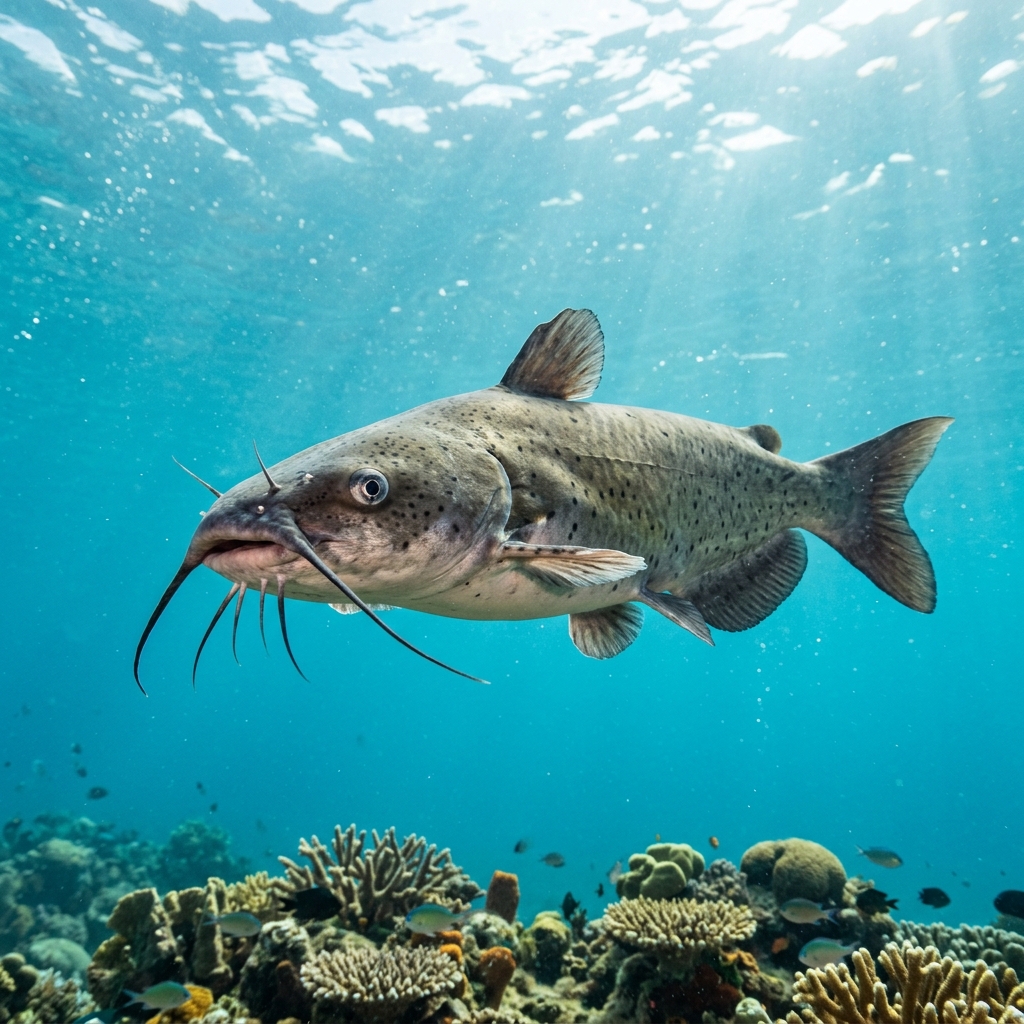 Channel Catfish (Ictaluridae spp.) swimming in its natural underwater habitat