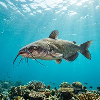 Channel catfish with pale grey-blue body, spotted flanks, and long barbels resting near a freshwater muddy bottom.