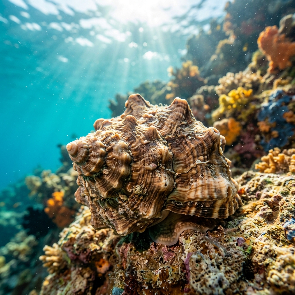 Knobbed Triton shell showing cream and brown spiral banding with prominent knobbed ridges on a rocky reef.