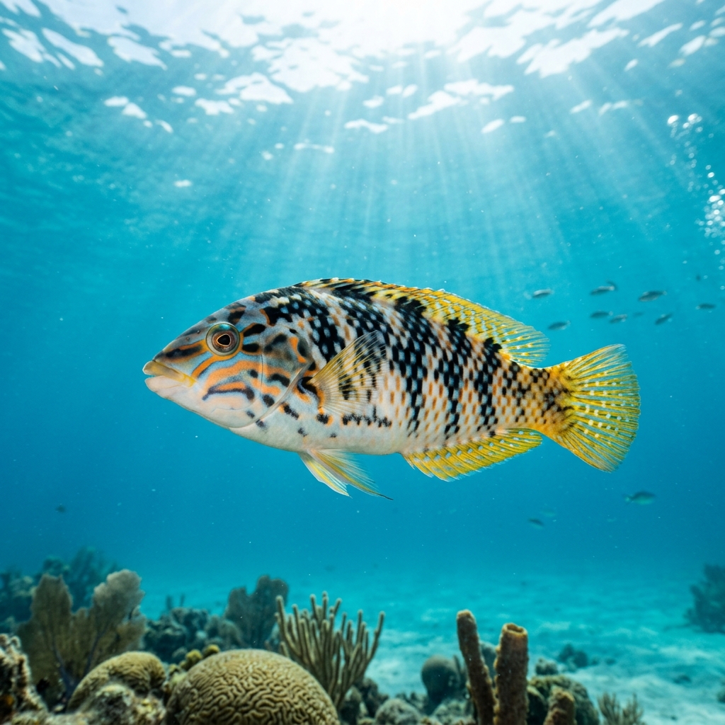Checkerboard Wrasse showing black-and-white chequered body pattern with green and orange facial markings swimming over a coral reef.