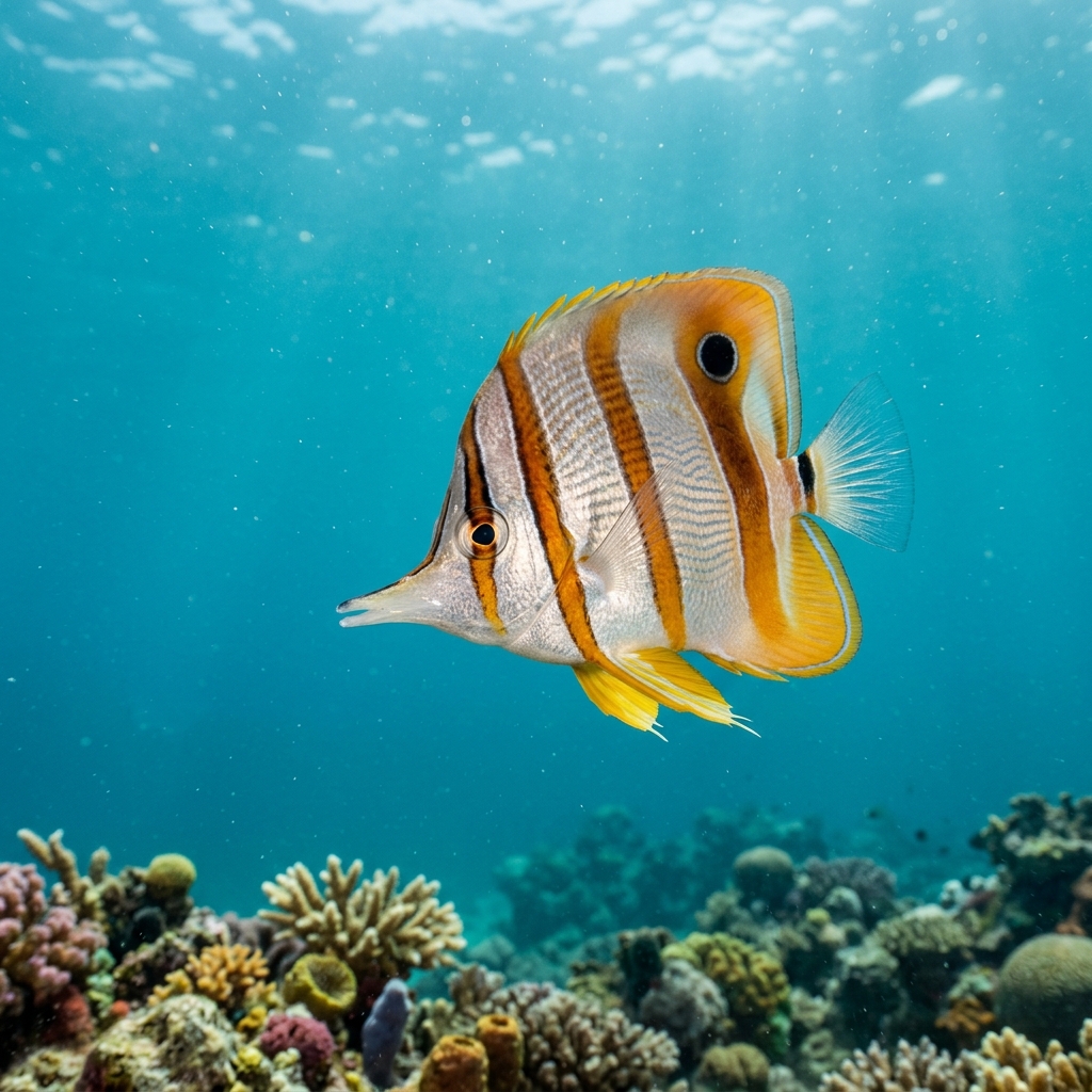 Copperband Butterflyfish with bright orange-copper vertical bands and a long pointed snout swimming near a coral reef.