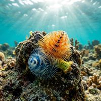 Christmas Tree Worm with two vivid blue and orange spiral plume crowns emerging from a coral head on a shallow tropical reef.