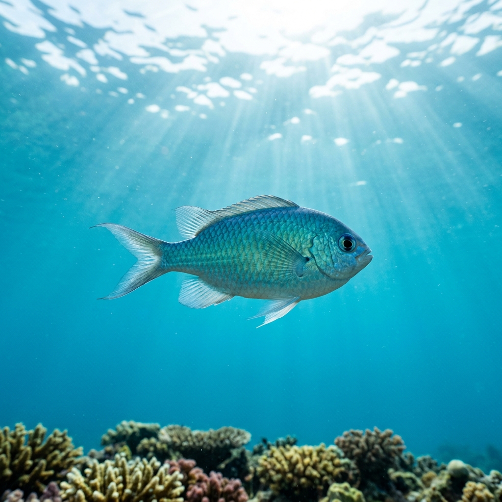 Chromis (Pomacentridae spp.) swimming in its natural underwater habitat